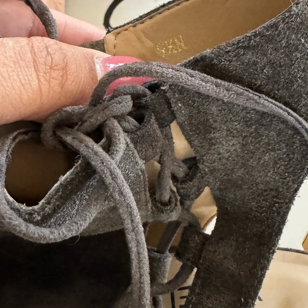 Vaneli Grey Suede Open Toe Booties Lace Up Block Heel Cutout Ankle Heels Neutral